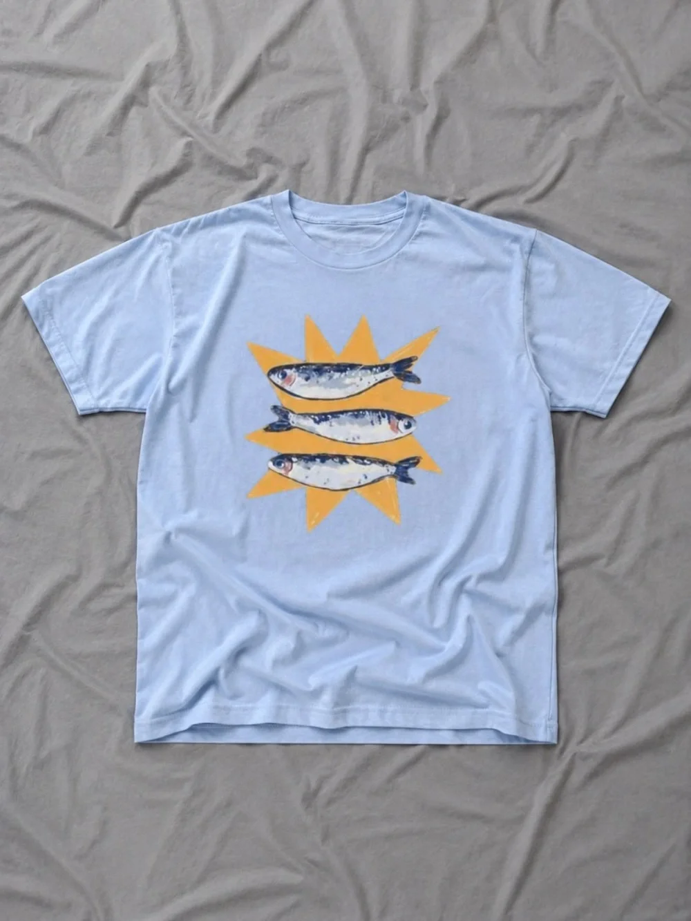 Gildan Light Blue Tee with Yellow Starburst and Fish Graphic